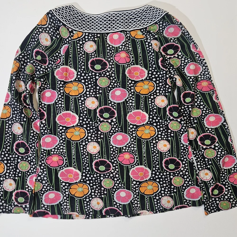 Tory Burch Tunic Top Womens 4 Orange Black‎ Floral Poppy Polka Dot 60s Retro